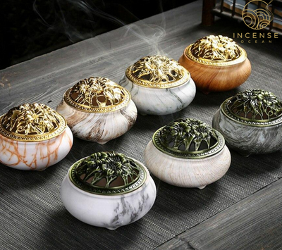 Marble Coil Censer Incense Burner Copper Cover Ceramic